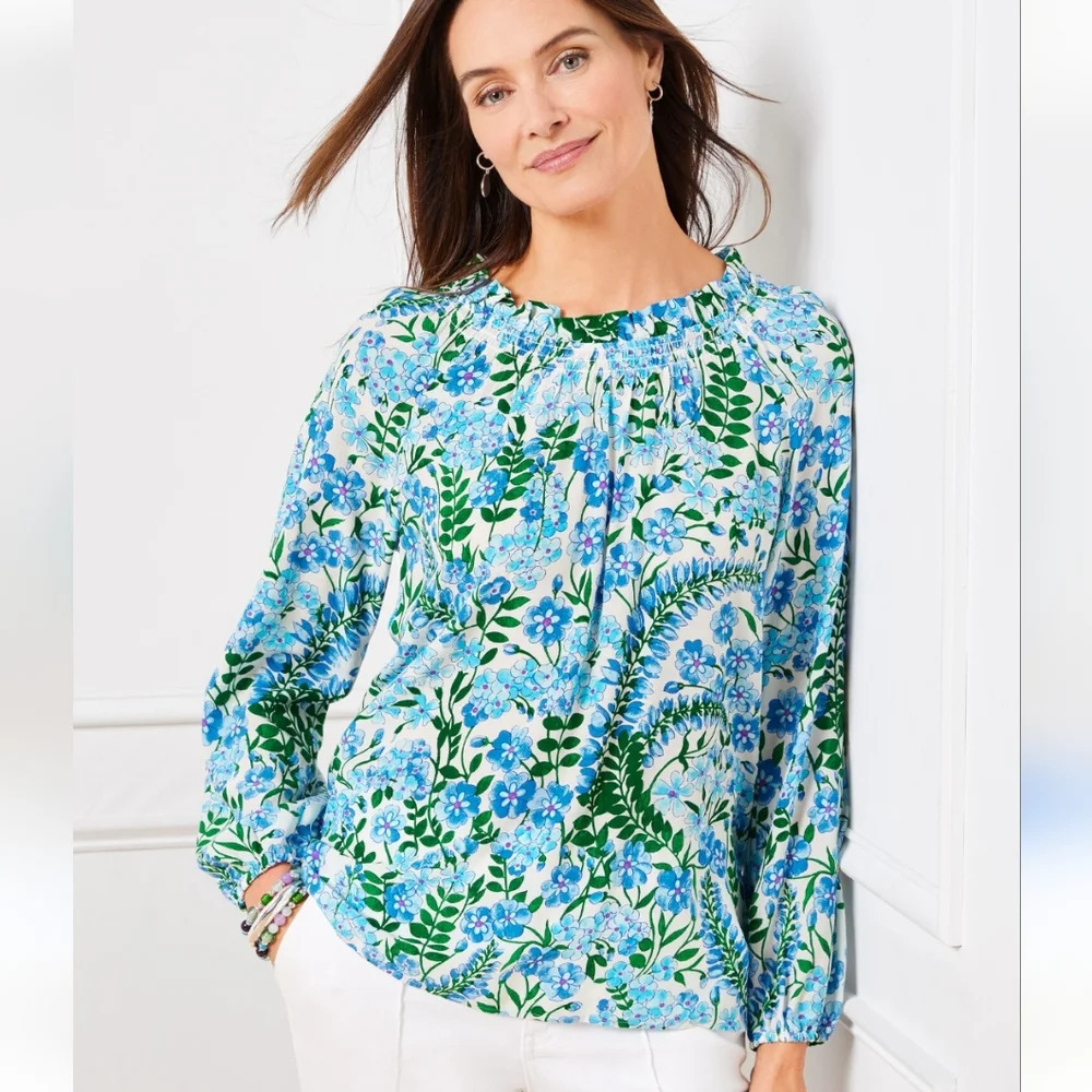 Talbots Smocked Climbing Floral Long Sleeve Blouse M